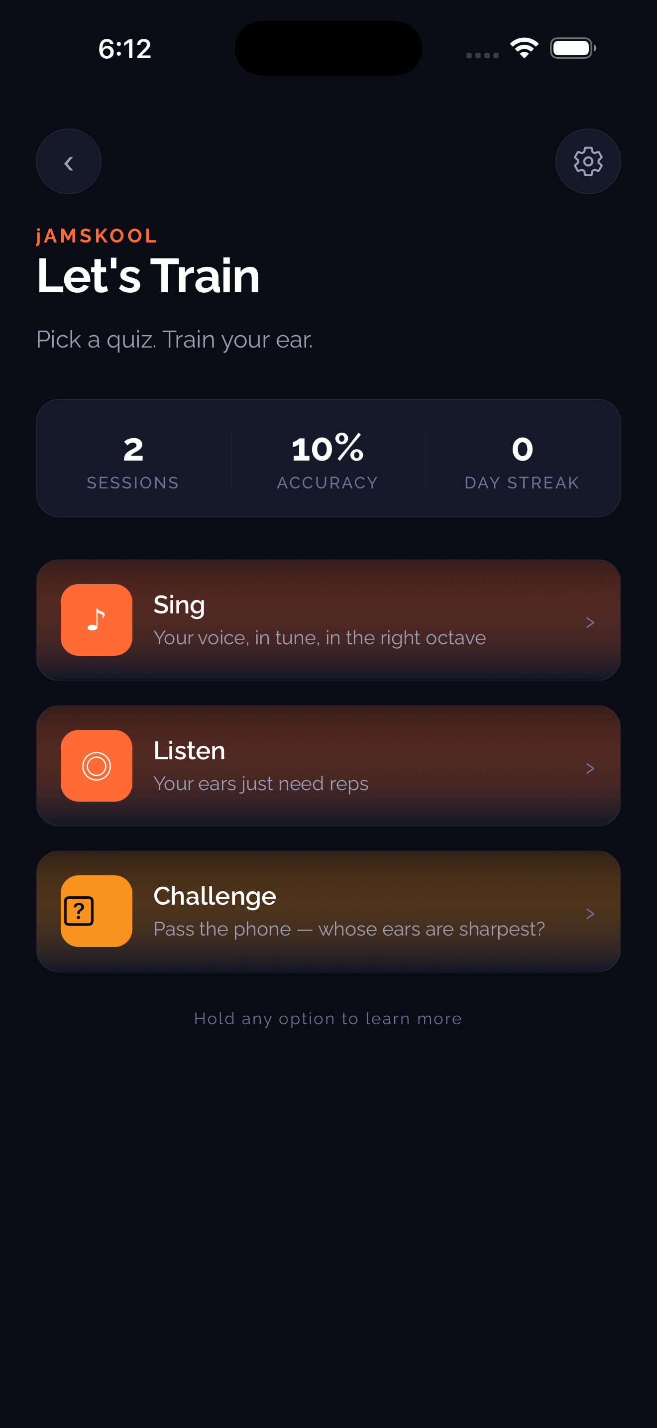 Let's Train screen showing Sing, Listen, and Challenge options