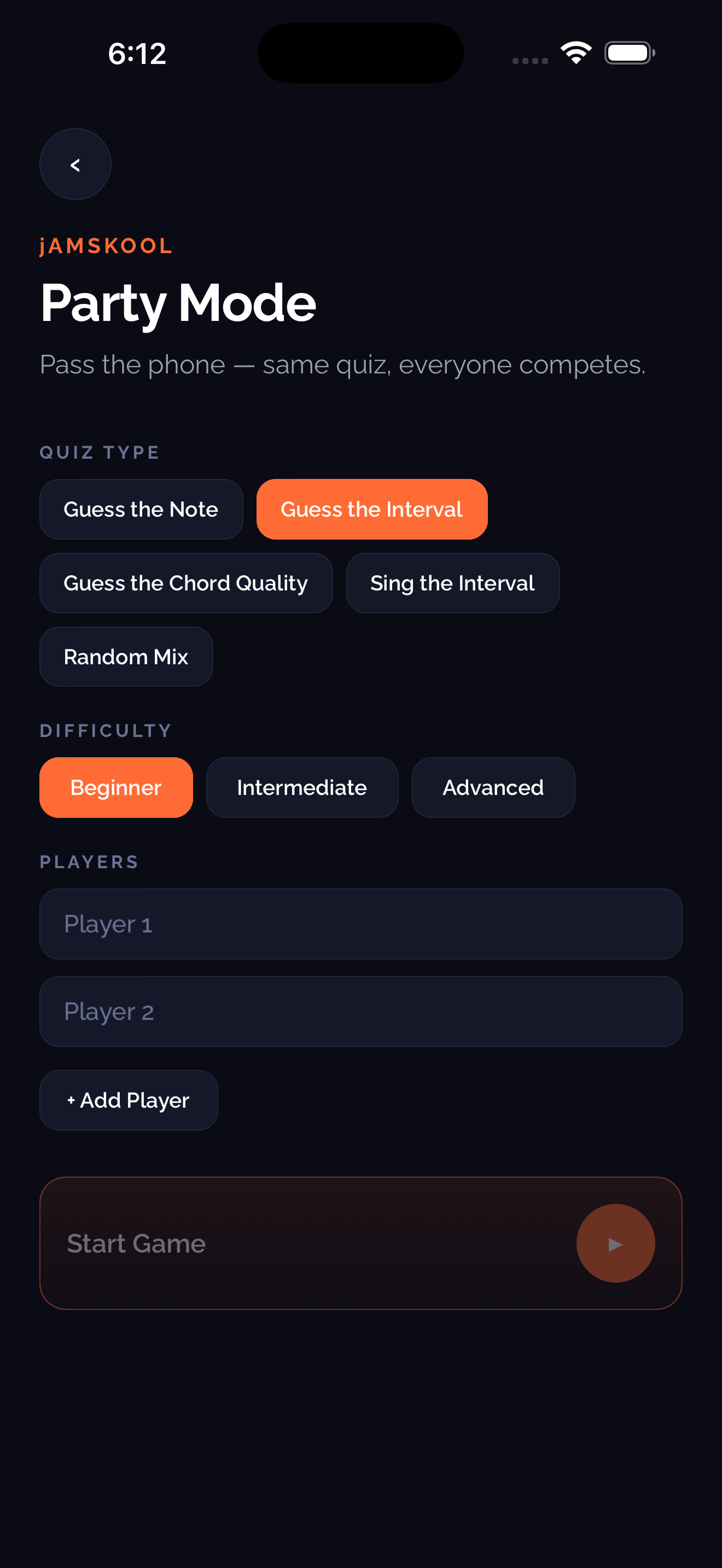 Party Mode screen for multiplayer ear training