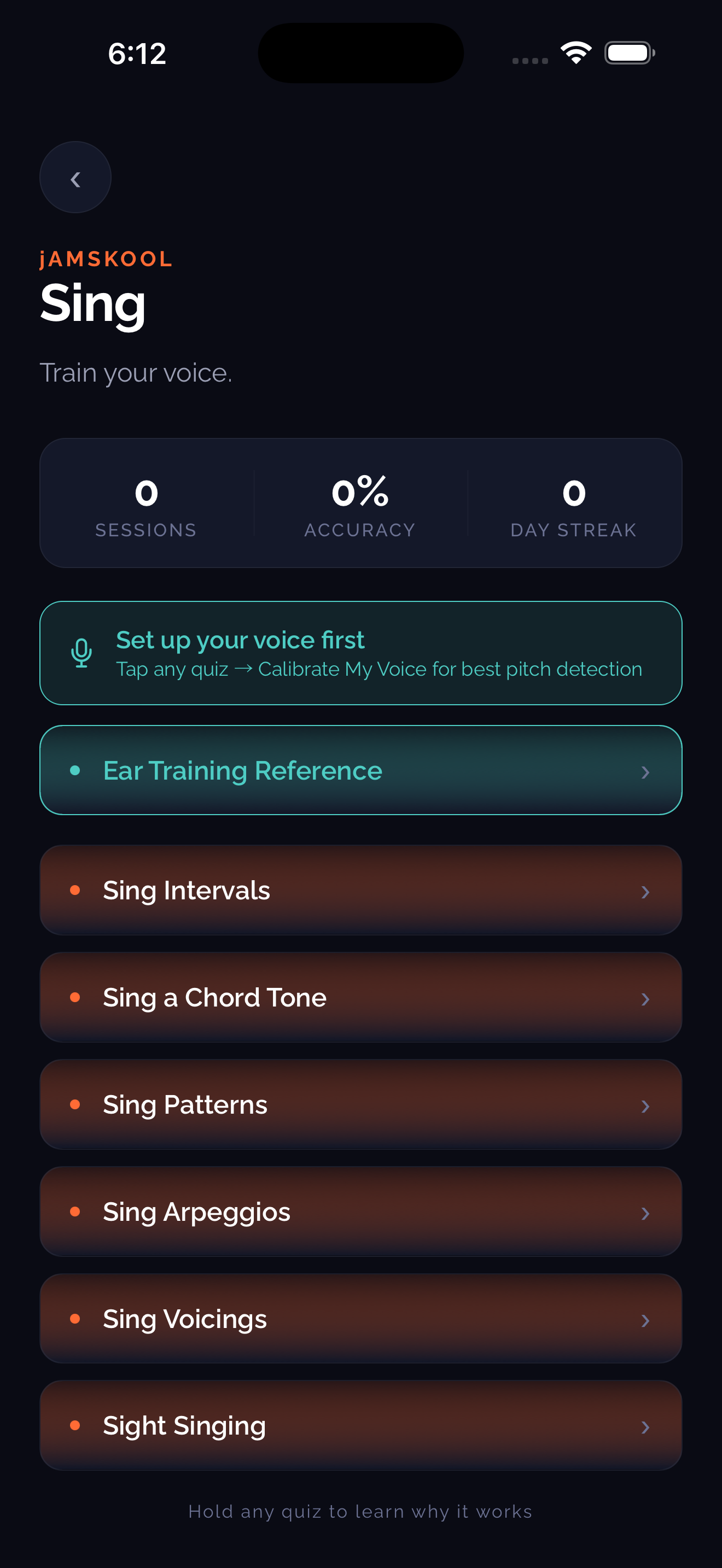 Sing quiz menu showing six singing quizzes