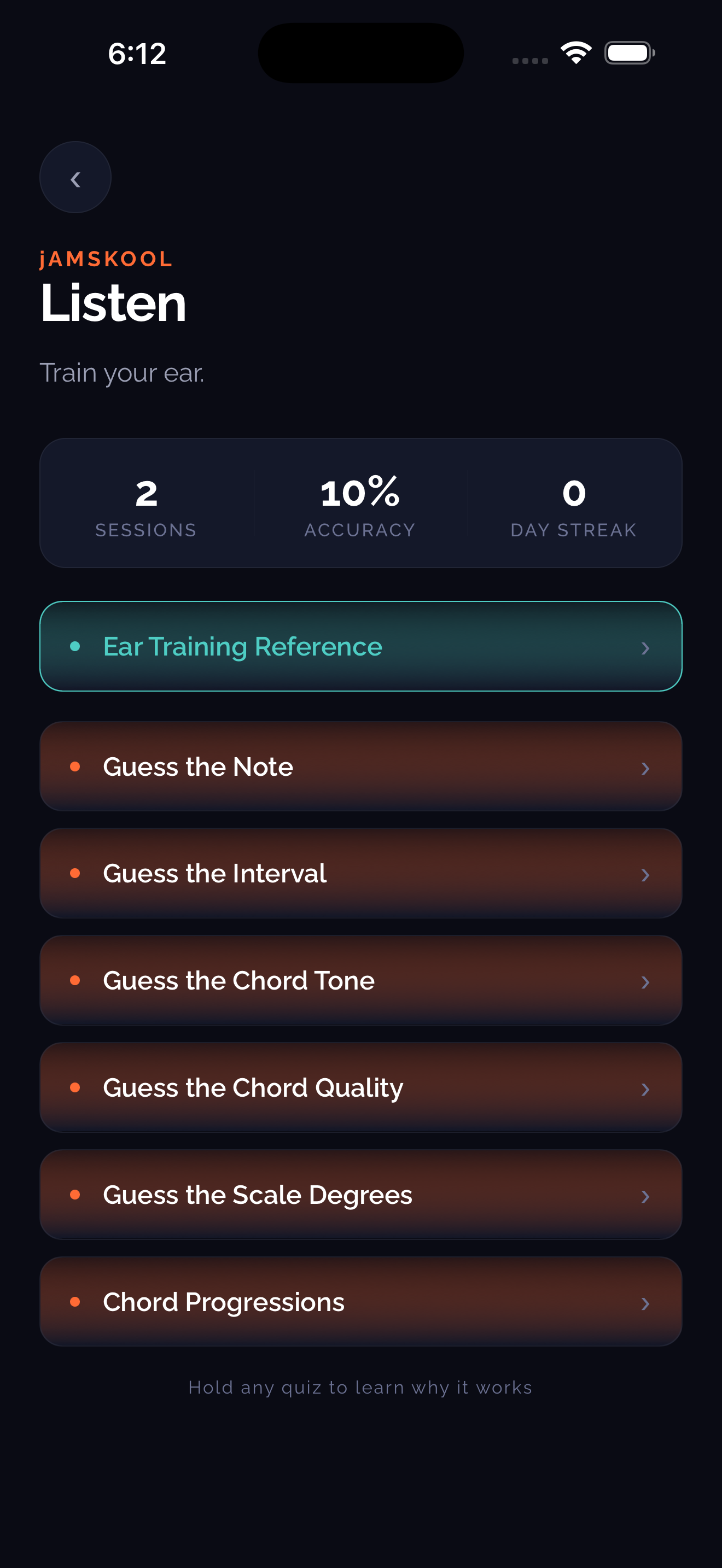 Listen quiz menu showing six listening quizzes