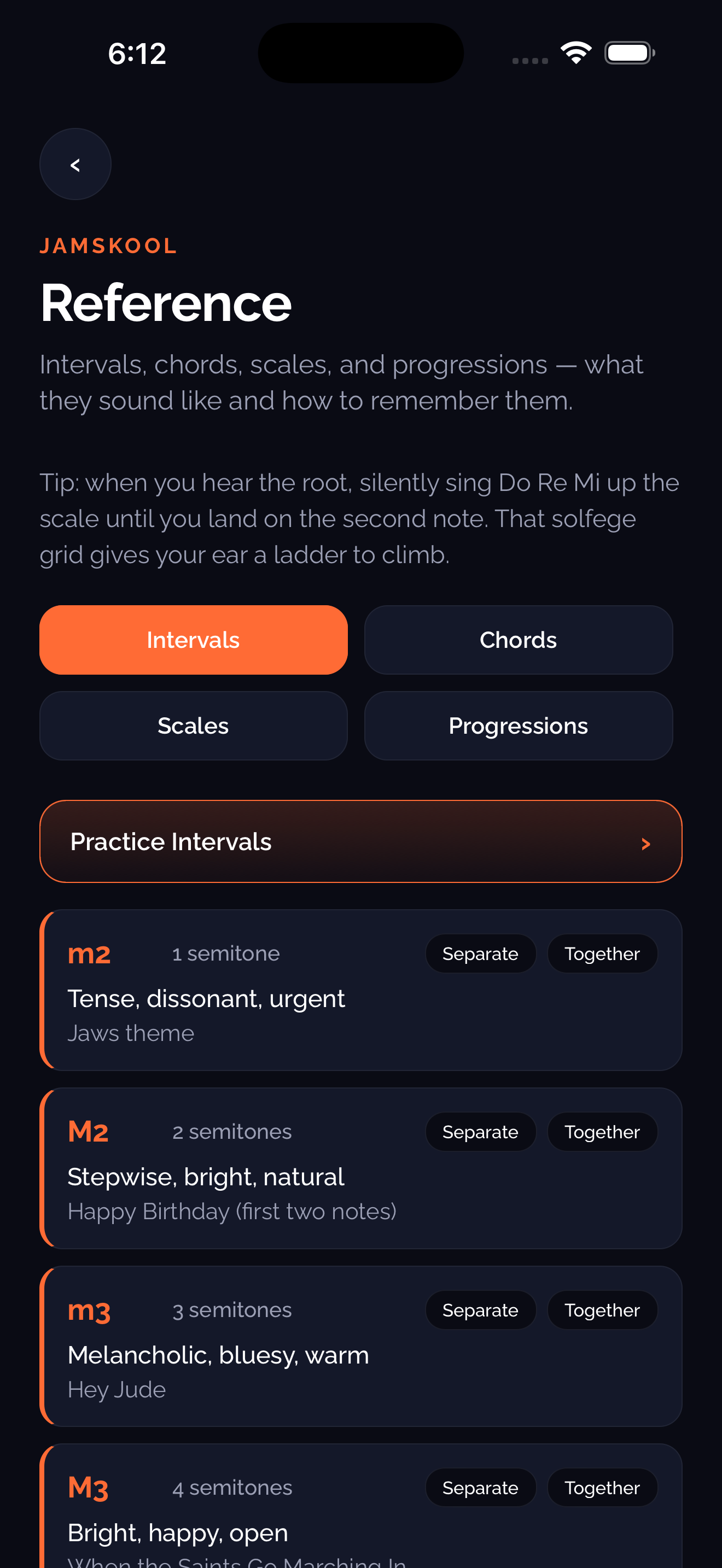 Ear Training Reference screen with intervals, chords, scales, and progressions